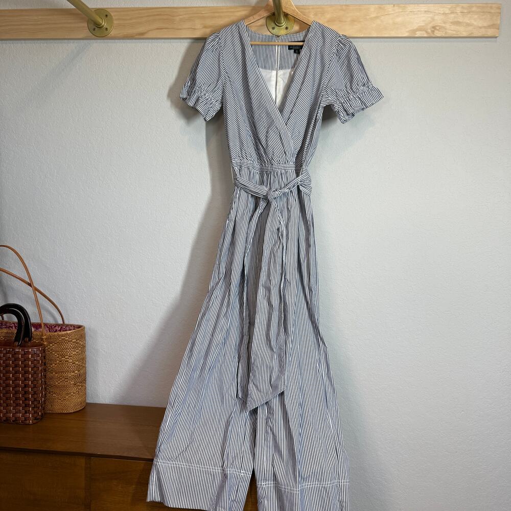 J. Crew Women's Blue Pinstripe Short Sleeve Tie Waist Jumpsuit‎ Size 0 NEW